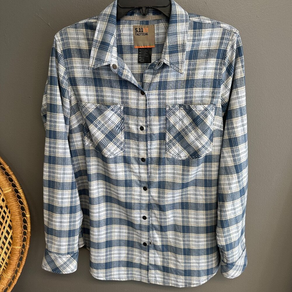 5.11 Tactical Womens Medium Blue Plaid Snap Button Long Sleeve Shirt Workwear